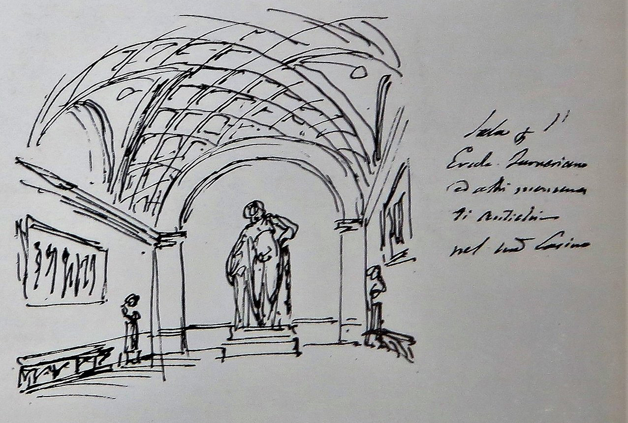 Schizzo di Giuseppe Valadier con la sala dell’Ercole Farnese (dal Liber Veritatis del Valadier)