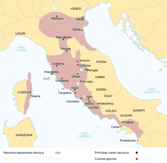 Ricostruzione approssimativa della massima espansione dei territori posti sotto l'influenza degli Etruschi