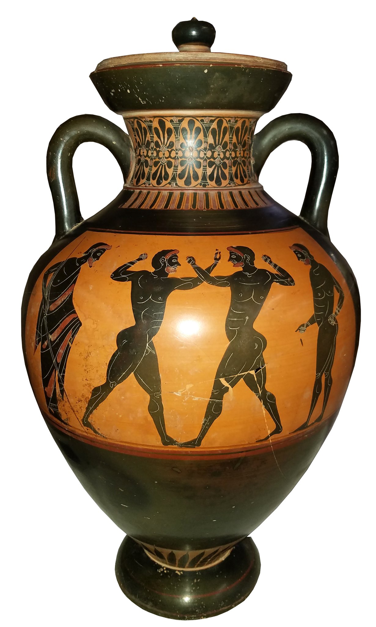 Anfora, ceramica attica a figure nere, attribuita al Pittore di Antimenes, 530-510 a.C. Vulci, Necropoli dell’Osteria, Tomba del Guerriero (XLVII), Scavi Mengarelli. Sala 3 del Museo.