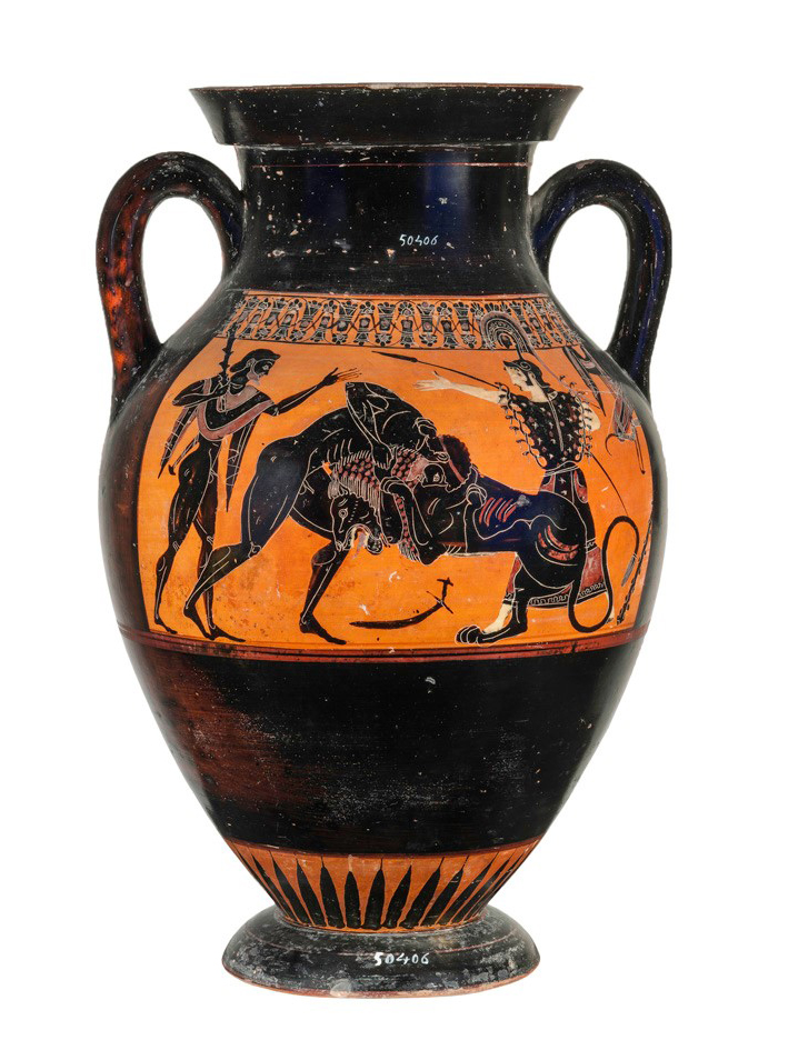 Anfora a figure nere del Pittore di Boulogne 441 con Eracle e il Leone Nemeo (520-510 a.C.), da una necropoli di #Cerveteri (Scavi 1866-1867), Collezione Castellani, Sala 23.