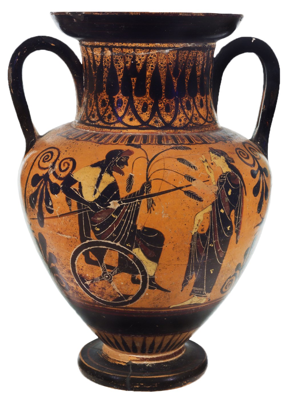 Anforetta attica a figure nere con Trittolemo e Demetra, ascrivibile al gruppo di Leagros,  Montalto di Castro, necropoli dell'Osteria, tomba a camera L (530-510 a.C.), sala 4.