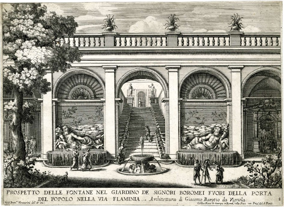 “Prospetto delle fontane nel giardino de’ signori Boromei” in G. F. Venturini, Le fontane ne’ Palazzi e ne’ giardini di Roma con li loro prospetti ed ornamenti, Roma 1683