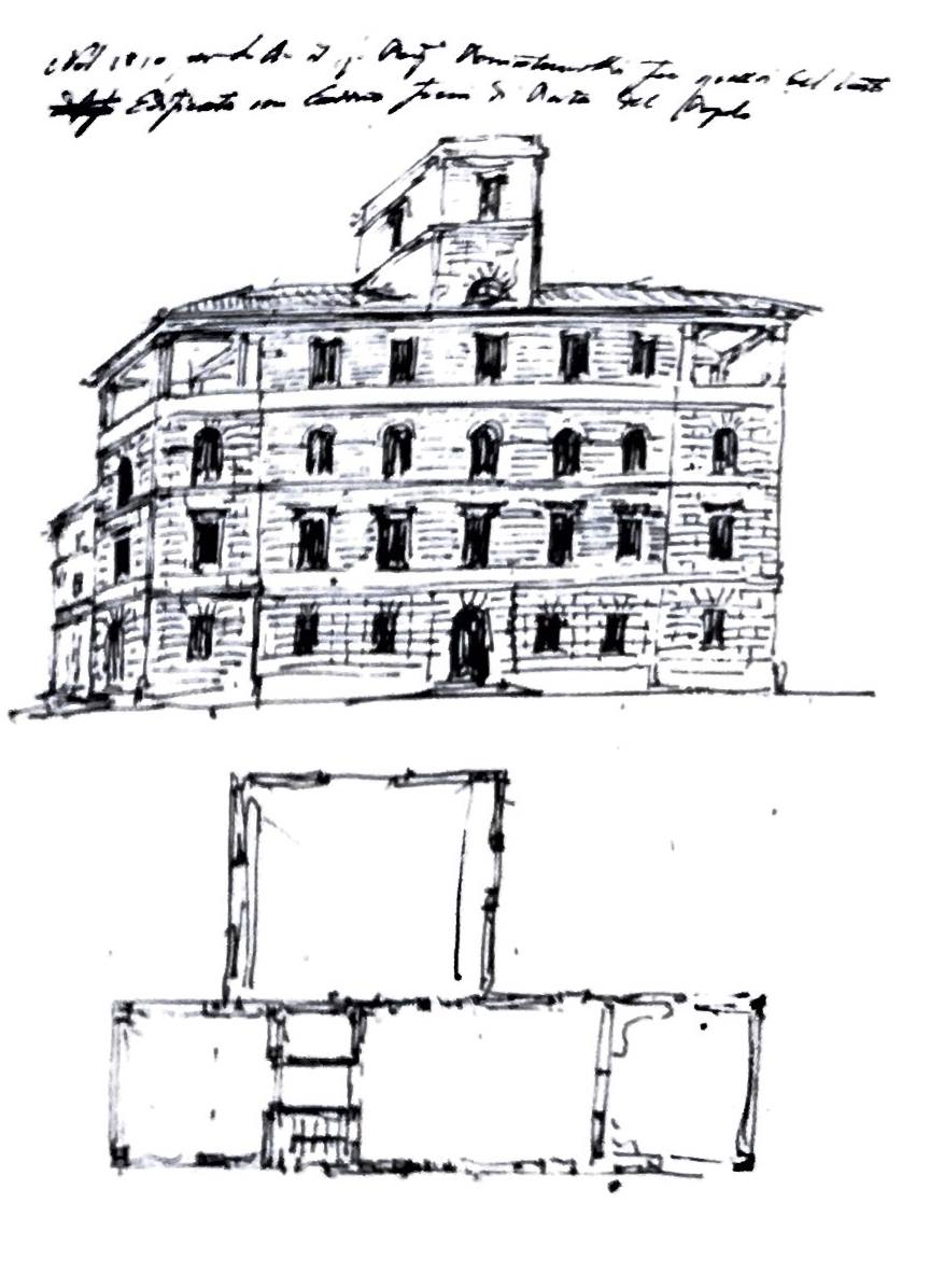 Disegno del Casino Del Monte di Villa Poniatowski di Giuseppe Valadier (Biblioteca Nazionale MS Fondo Vittorio Emanuele n. 441).