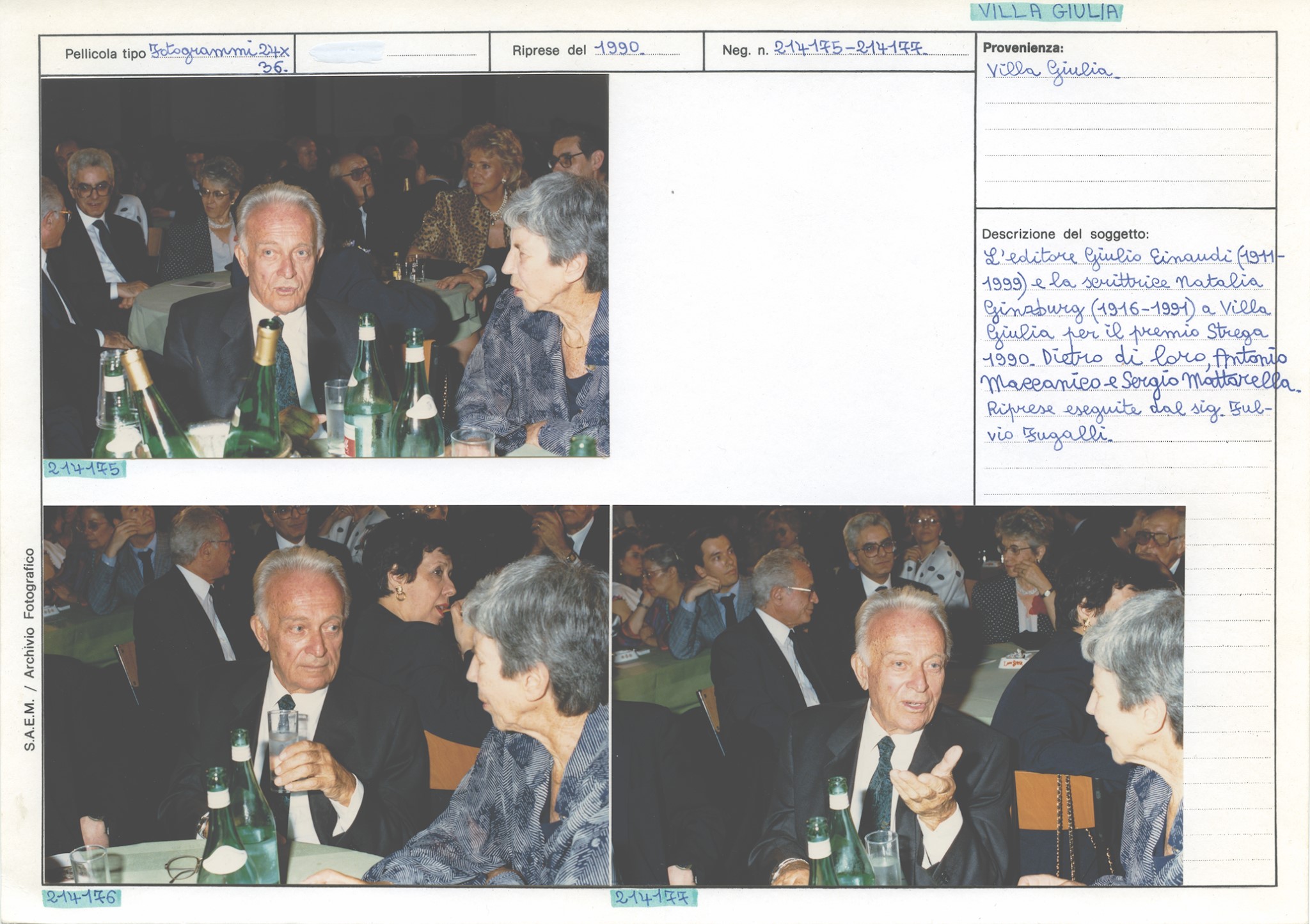 Premio Strega, 1990, Natalia Ginzburg e Giulio Einaudi. Archivio fotografico di Villa Giulia. Inv. 214175-214177