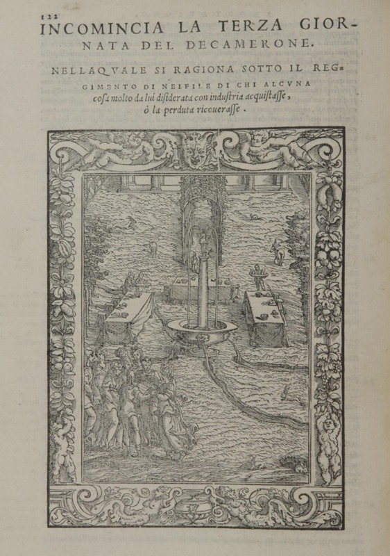 Giovanni Boccaccio, Decameron, edizione illustrata, Venezia 1554, incipit della III giornata.