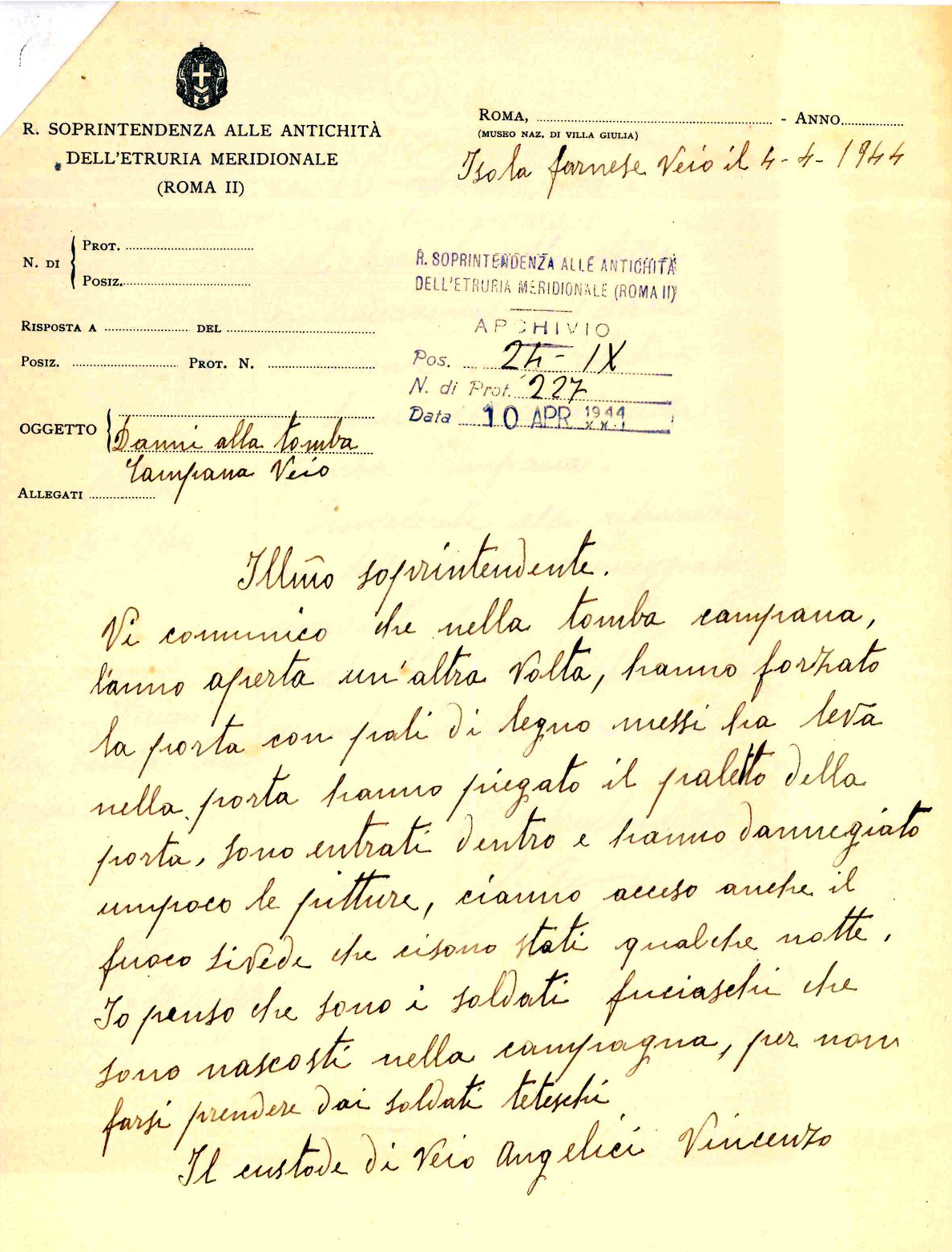Lettera del custode Vincenzo Angelici a Gioacchino Mancini, Soprintendente alle Antichità dell’Etruria meridionale, 4 aprile 1944. Museo Nazionale Etrusco di Villa Giulia, Archivio dei documenti.