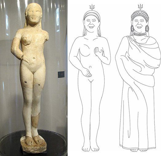 Fig. 3a, Statua di divinità femminile in marmo pario di produzione greca dal santuario della Cannicella a Orvieto. Fine VI secolo a.C., Museo Claudio Faina – Orvieto. Credits: wikimedia commons. Fig. 3b, Ricostruzione della Venere della Cannicella in versione "nuda" e "vestita". Disegno di Nancy de Grummond. Credits: wikimedia commons.