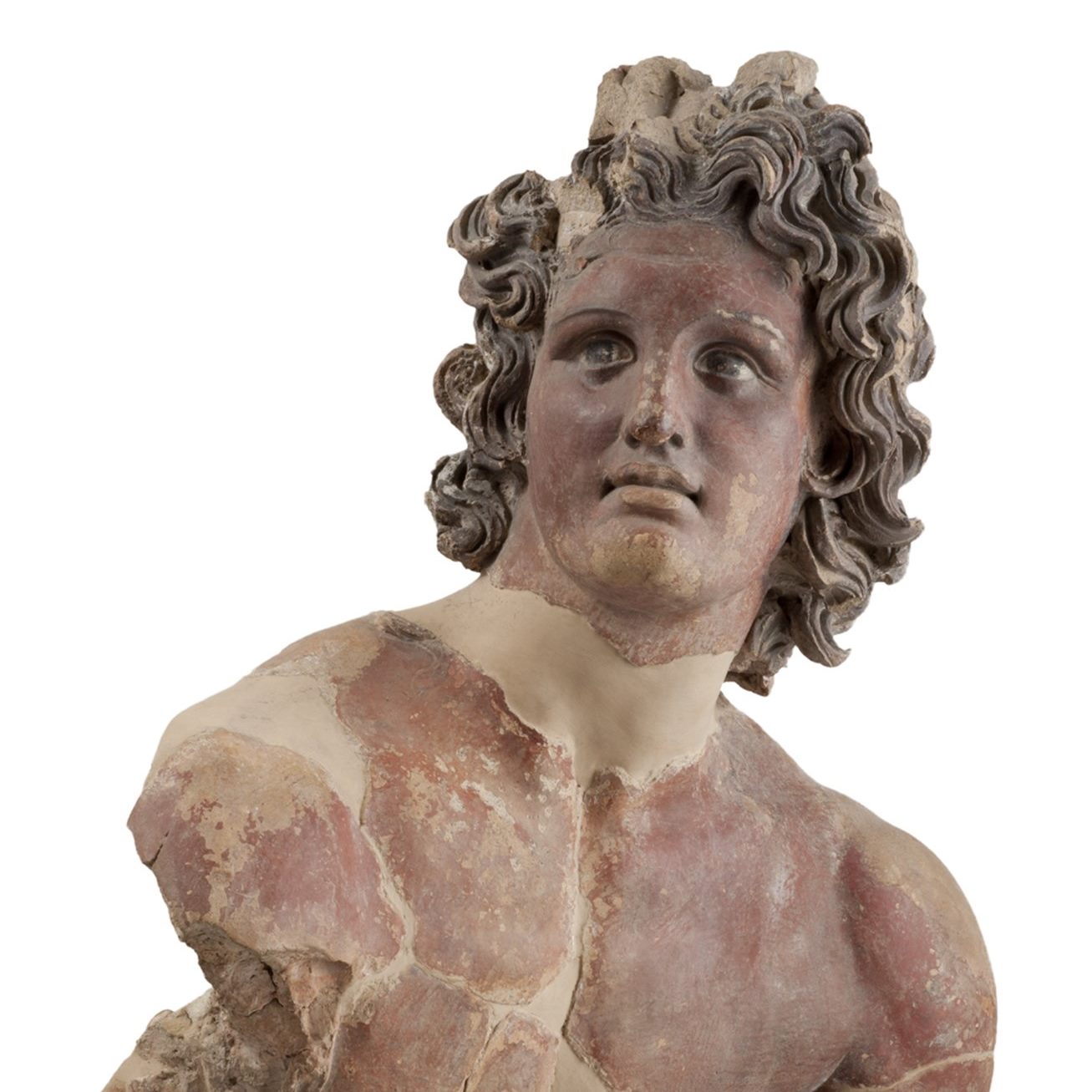 Fig. 2, Apollo cosiddetto dello Scasato. Altorilievo in terracotta modellata a mano e dipinta dalla decorazione del tetto del Tempio dello Scasato a Falerii (Civita Castellana), IV-III secolo a.C. (prima del 241 a.C.), Museo Nazionale Etrusco di Villa Giulia, Roma