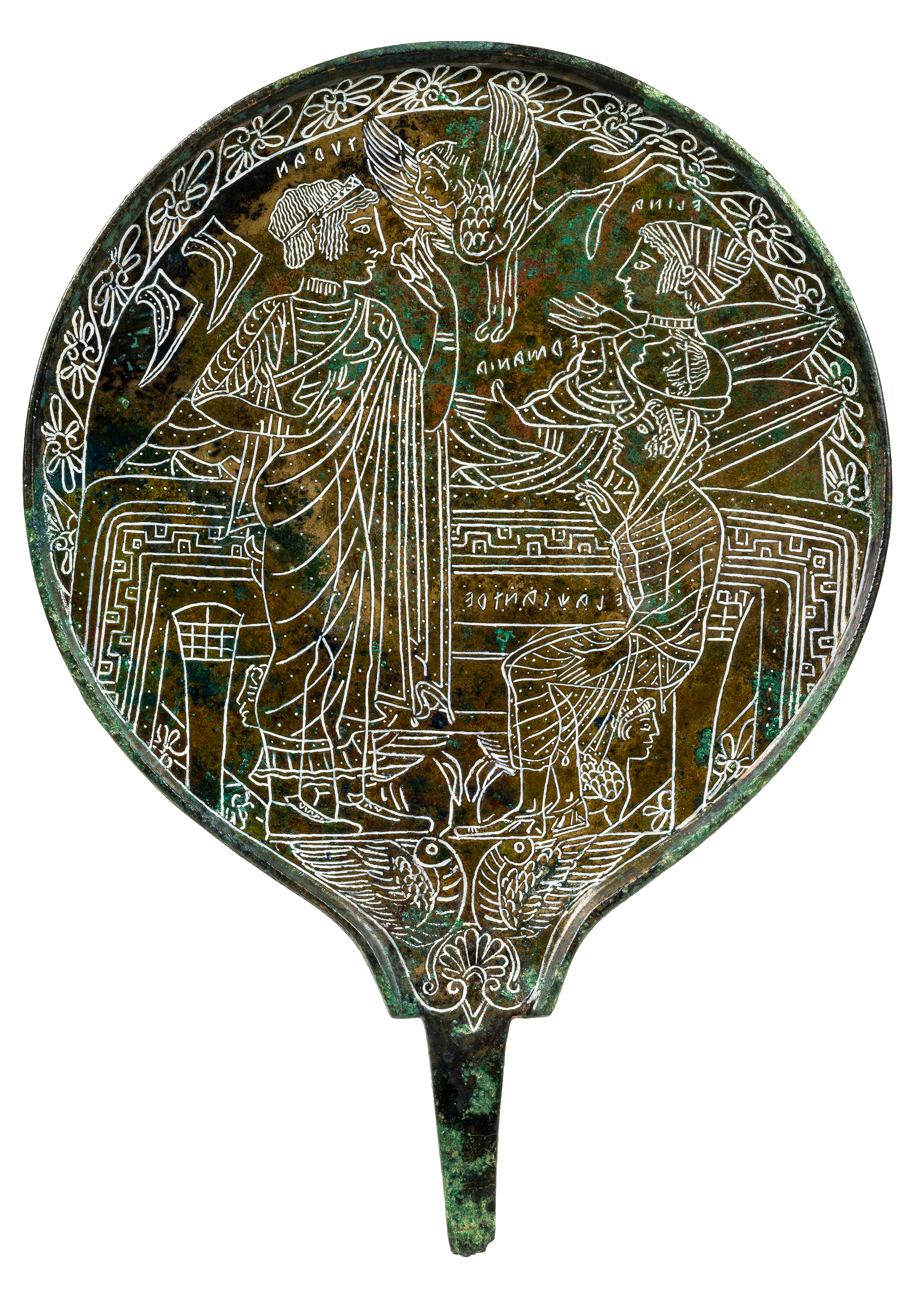 Specchio con Turan, Elina, Ermania, Elachsantre, 475-450 a.C. da Palestrina, Necropoli della Colombella.