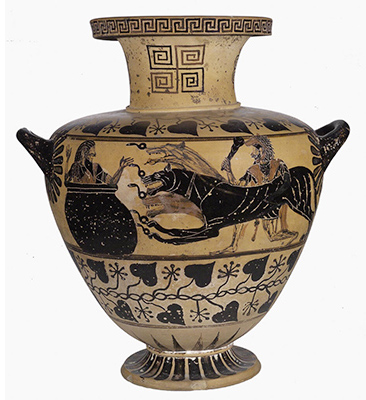 Hydria con Eracle e Cerbero davanti al re Euristeo, 530 a.C. circa