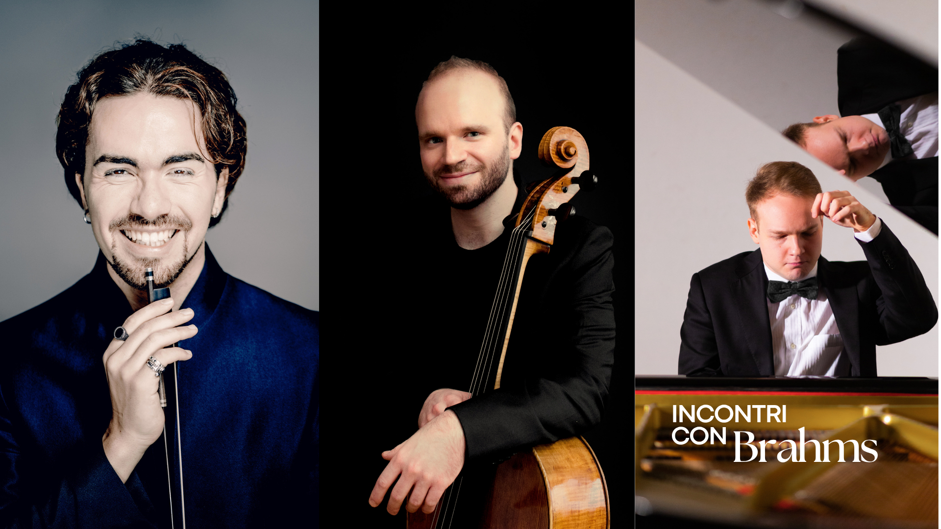 foto dei 3 concertisti con i loro strumenti: da sinistra Giuseppe Gibboni, Paolo Bonomini, Giovanni Bortolazzi 