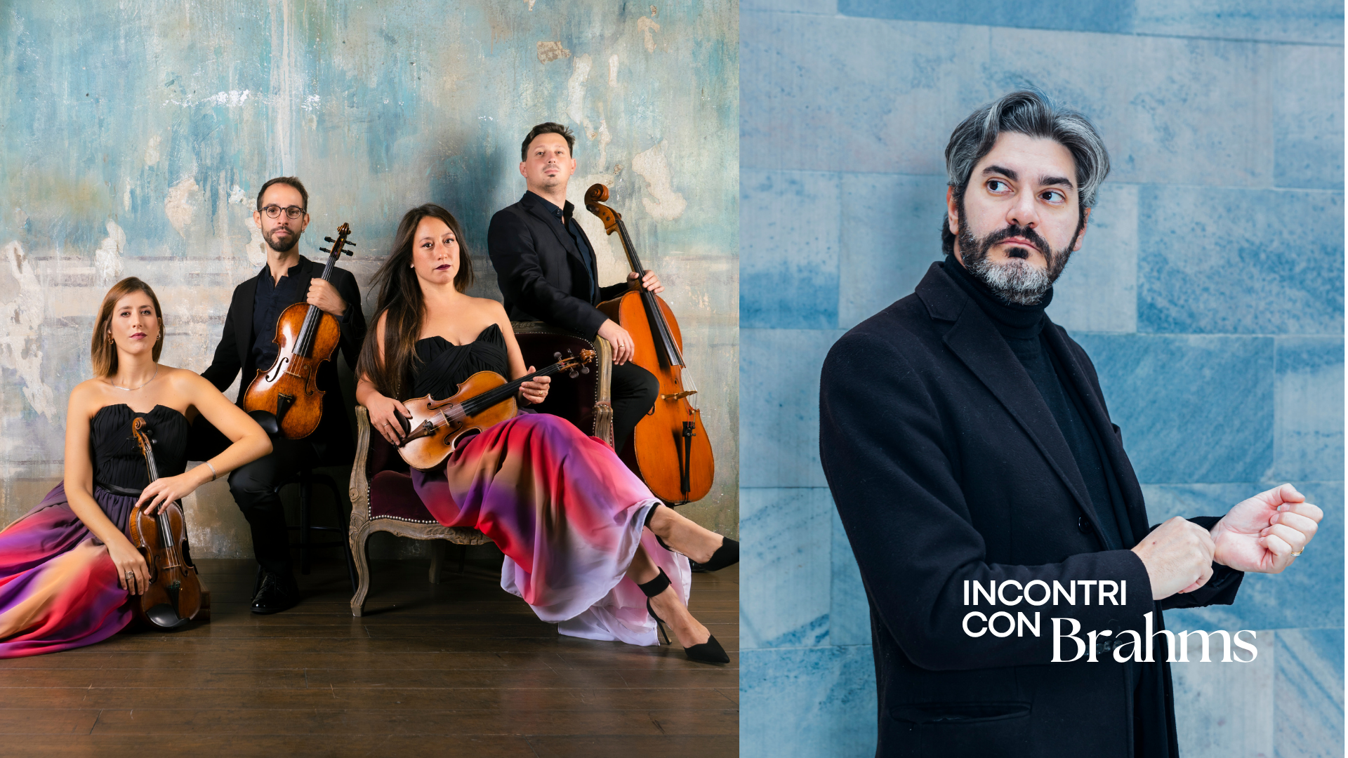 Foto con i suonatori con i loro strumenti: a sinistra il Quartetto Indaco e a destra Stefano Ligoratti