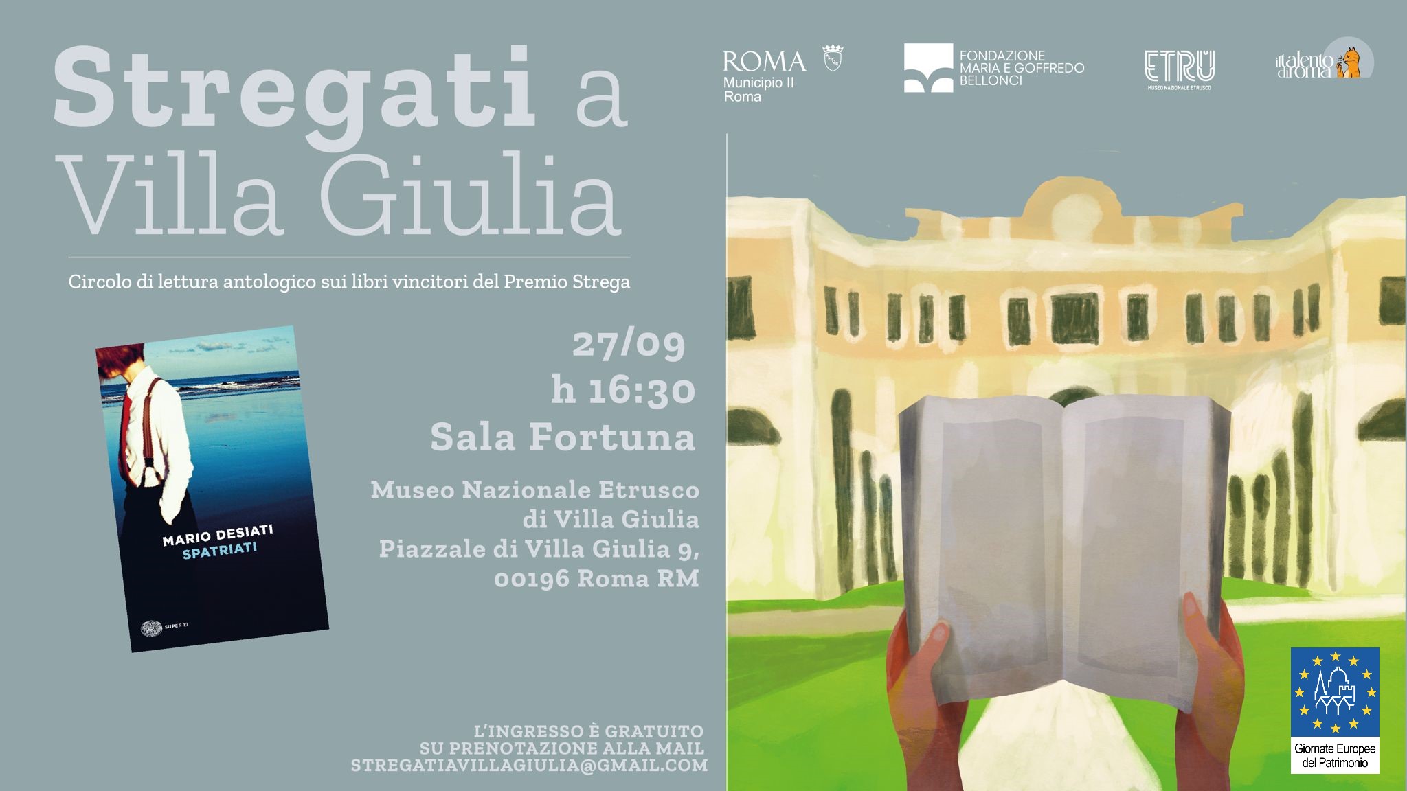locandina dell'evento Stregati a Villa Giulia, con all'interno la copertina del libro Spatriati di Mario Desiati e il disegno dell'emiciclo del Museo